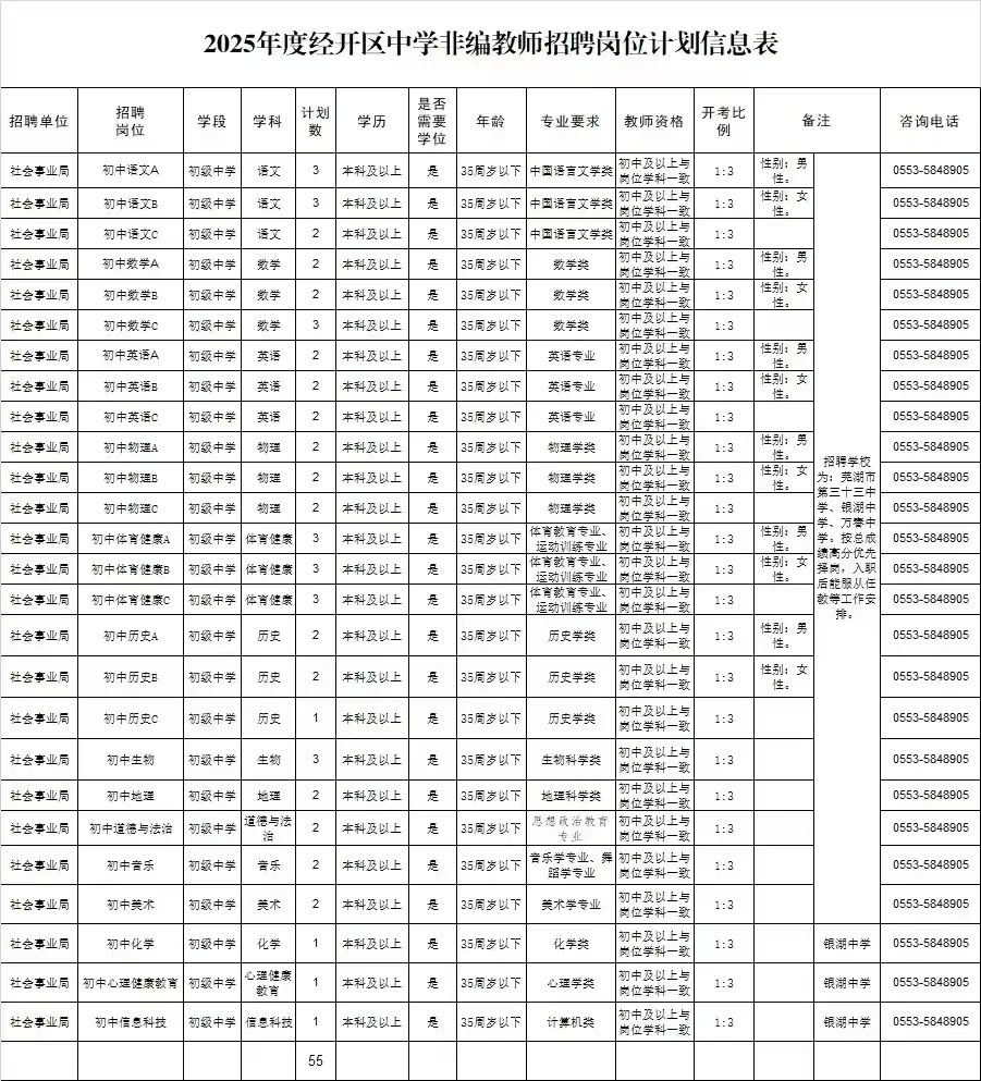 2025芜湖经开区区聘教师招聘职位表