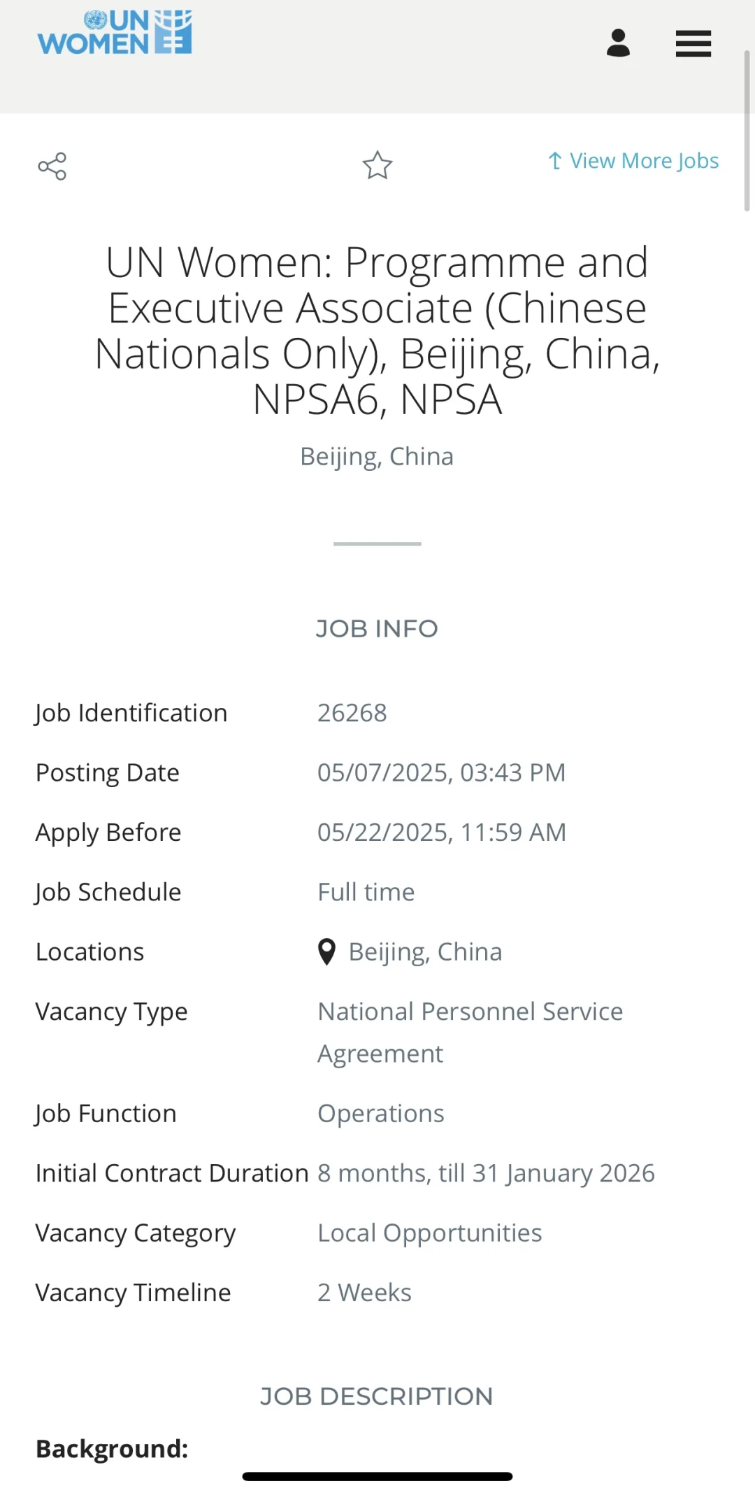 坐标北京国际组织（WIPO/WRI/UNWomen）全职