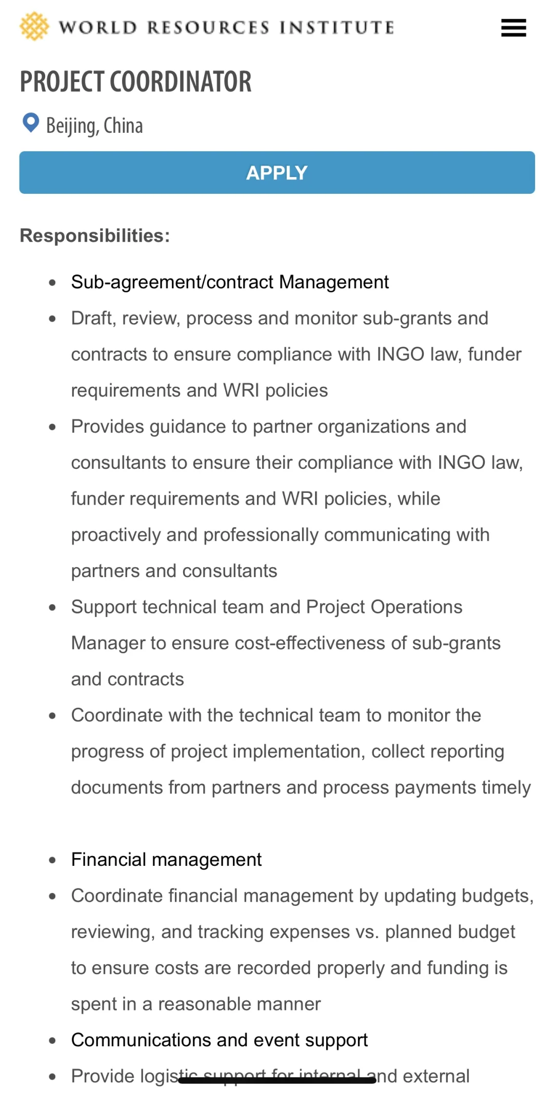 坐标北京国际组织（WIPO/WRI/UNWomen）全职