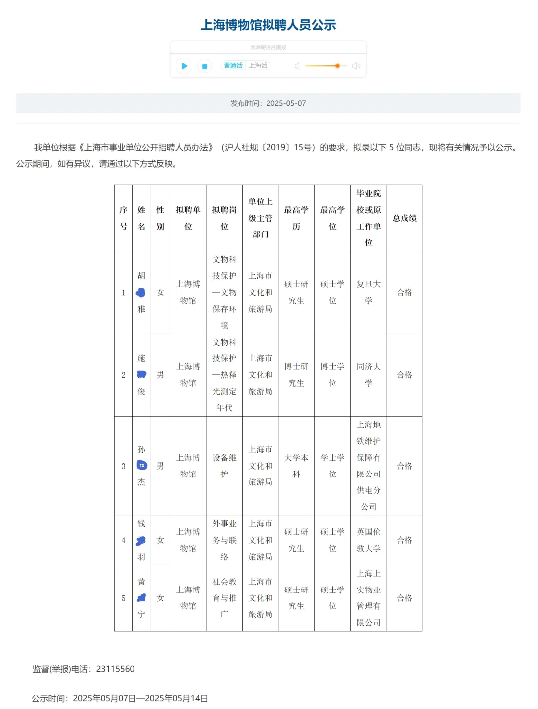 上海博物馆拟聘人员公示