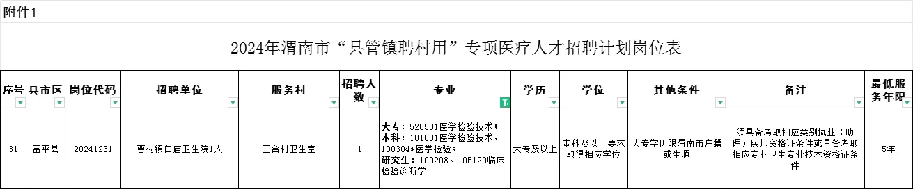 2024渭南县管镇聘村用医疗卫生职位表