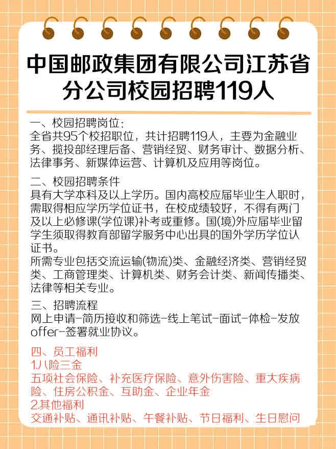119个校招名额！江苏邮政向您发来邀请👜