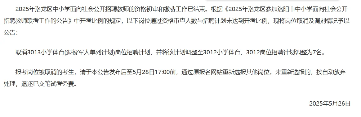 2025洛阳市招教考试取消部分岗位公告已出
