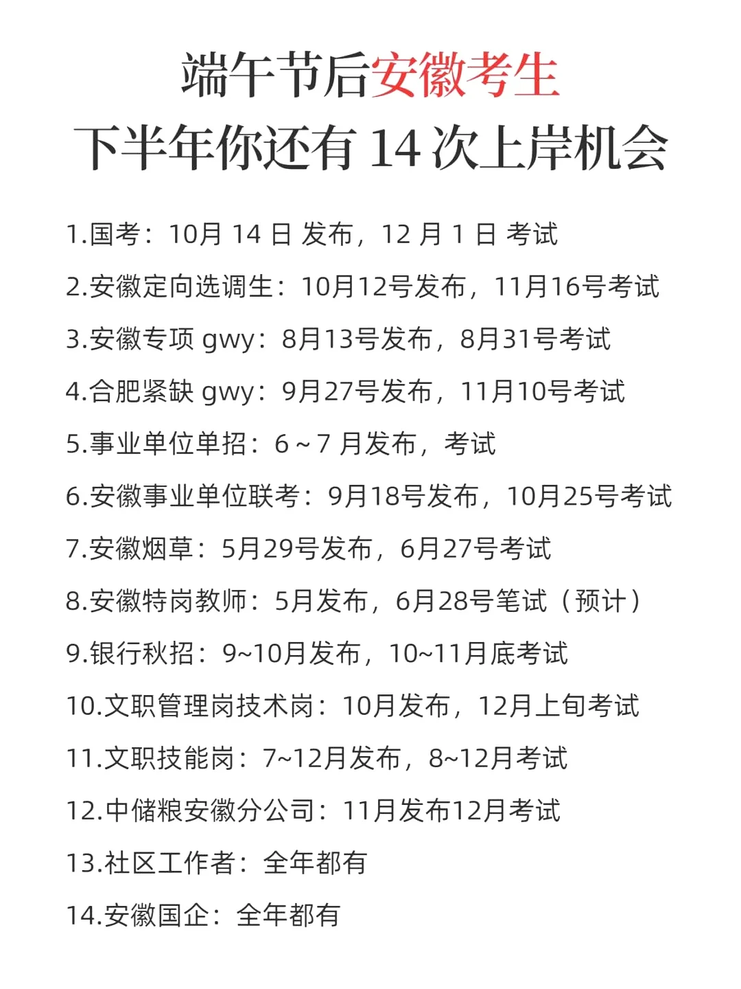 端午后安徽考生下半年你还有 14 次上岸机会