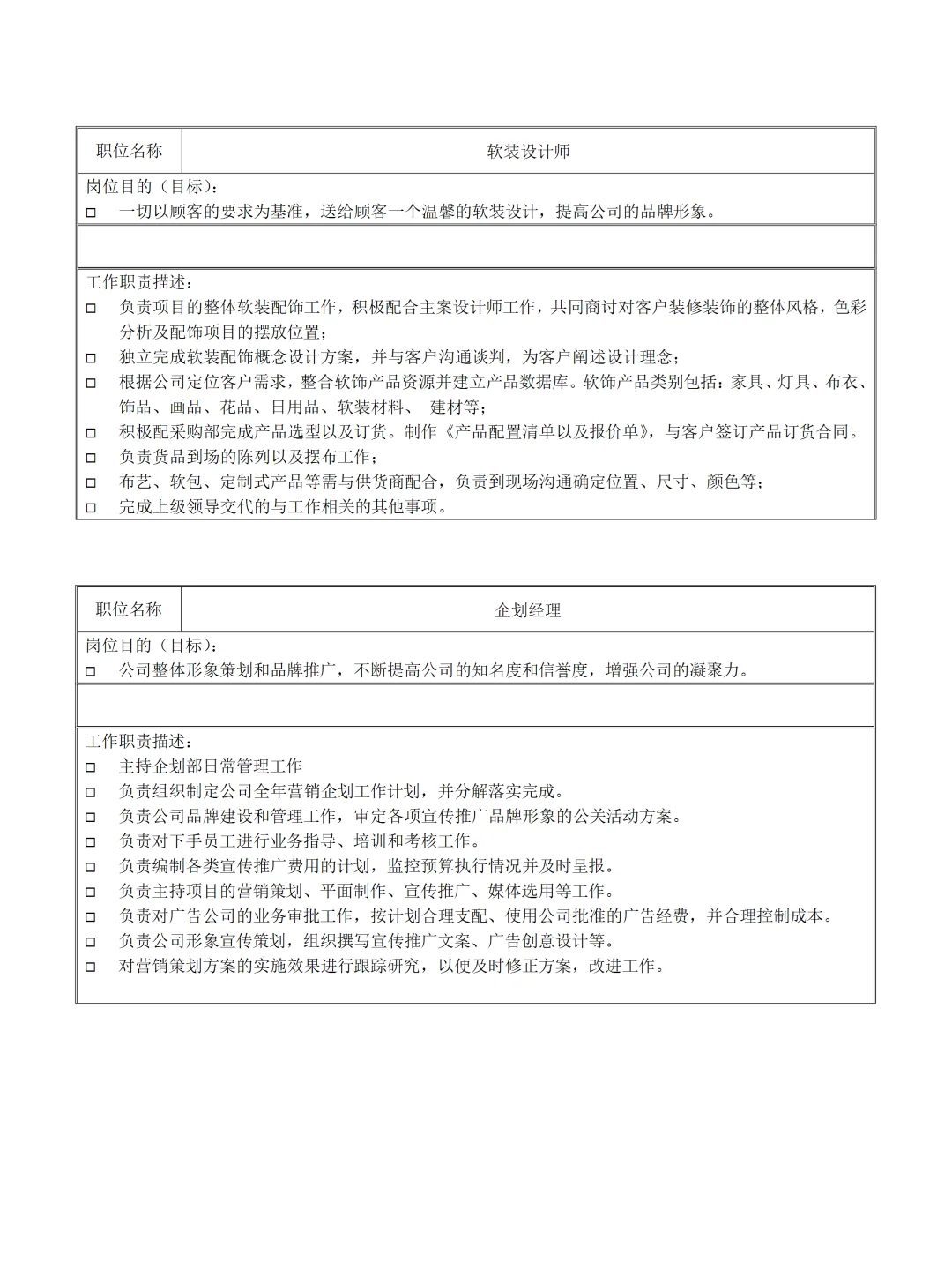 家装公司岗位职责明细范本