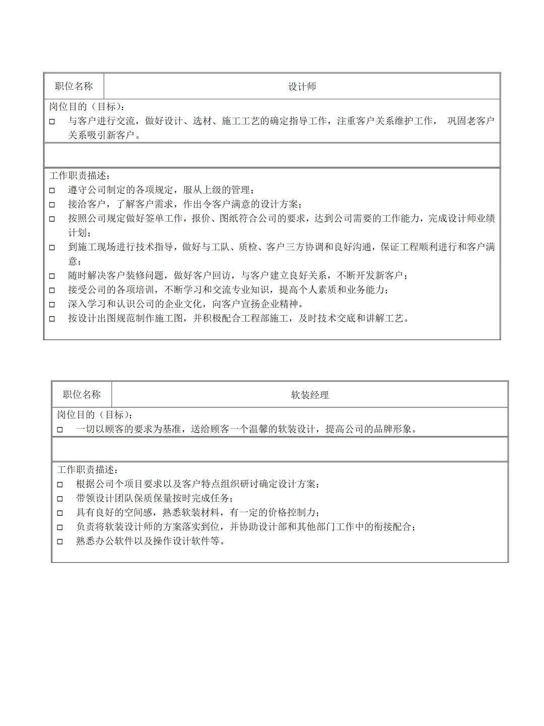 家装公司岗位职责明细范本