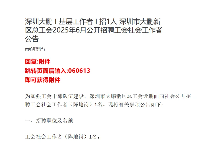深圳大鹏 I 基层工作者 I 招1人