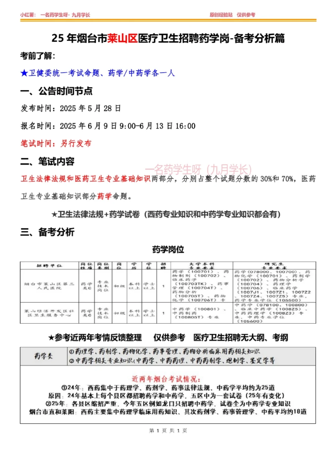 25年烟台莱山区药学编备考经验贴