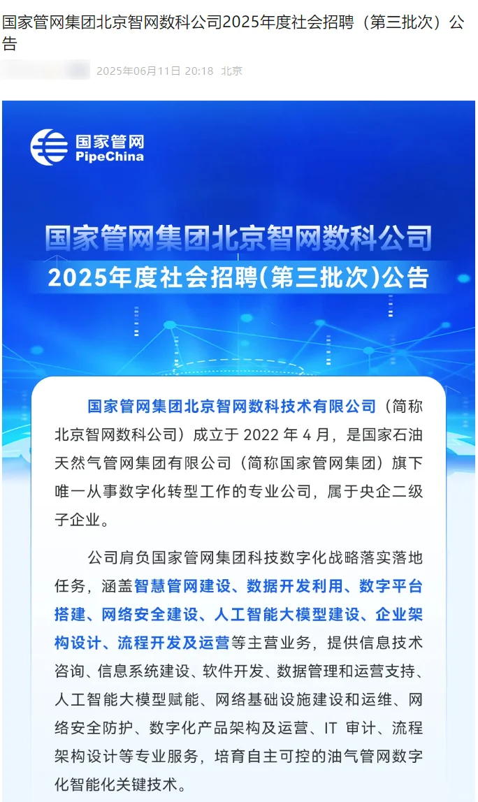 央企|国家管网集团2025年社招10人 无笔试