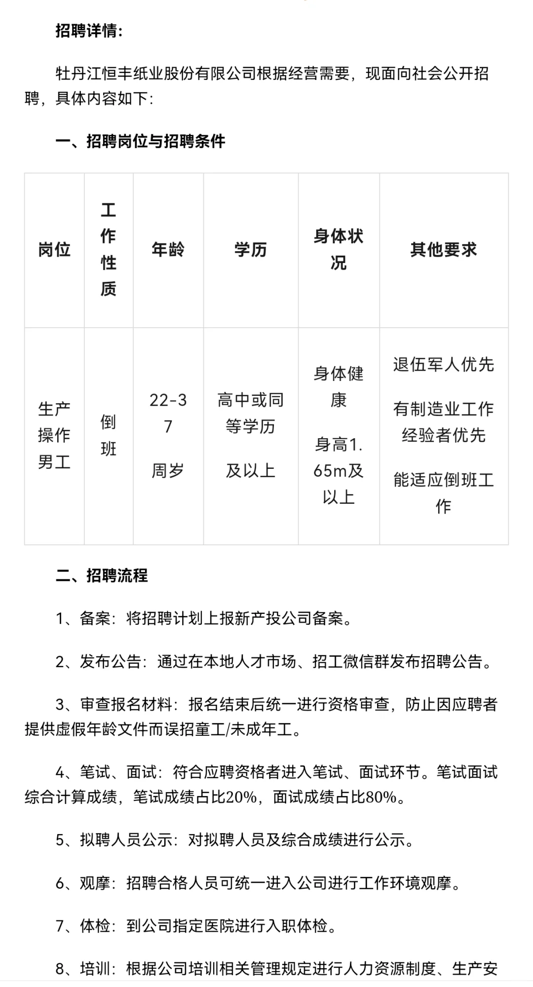 【国企】牡丹江恒丰纸业股份有限公司招聘