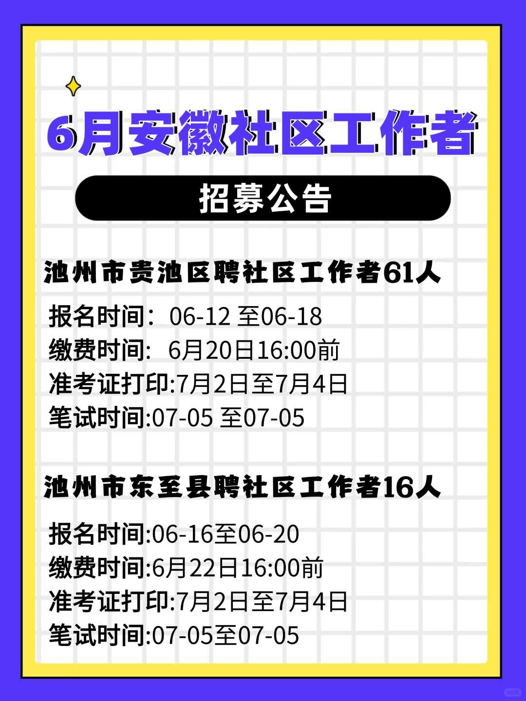 ❗6月安徽两地聘社区工作者77名，大专起报