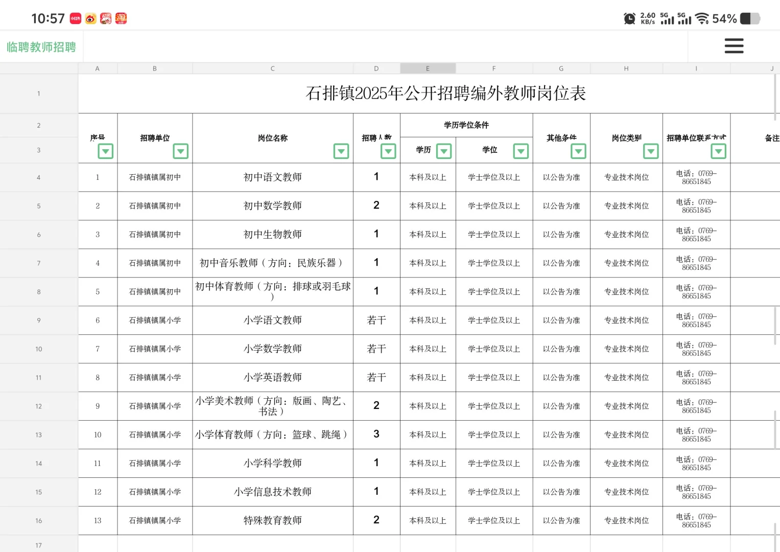 东莞市石排镇编外教师招聘