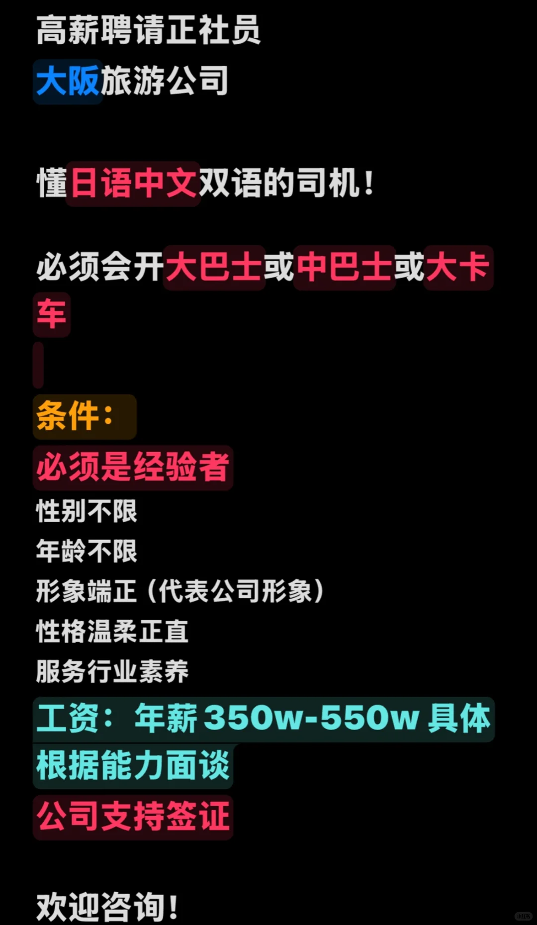 大阪旅游公司#聘大巴车司机#要经验者