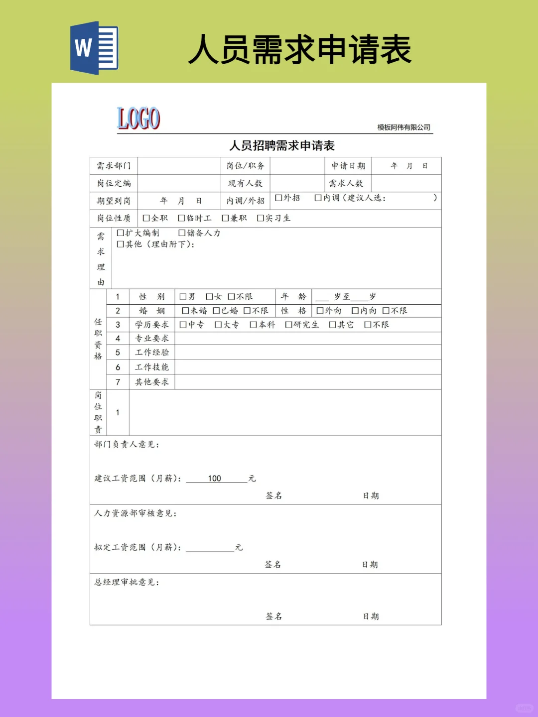 人员招聘需求申请表模板（word文档）