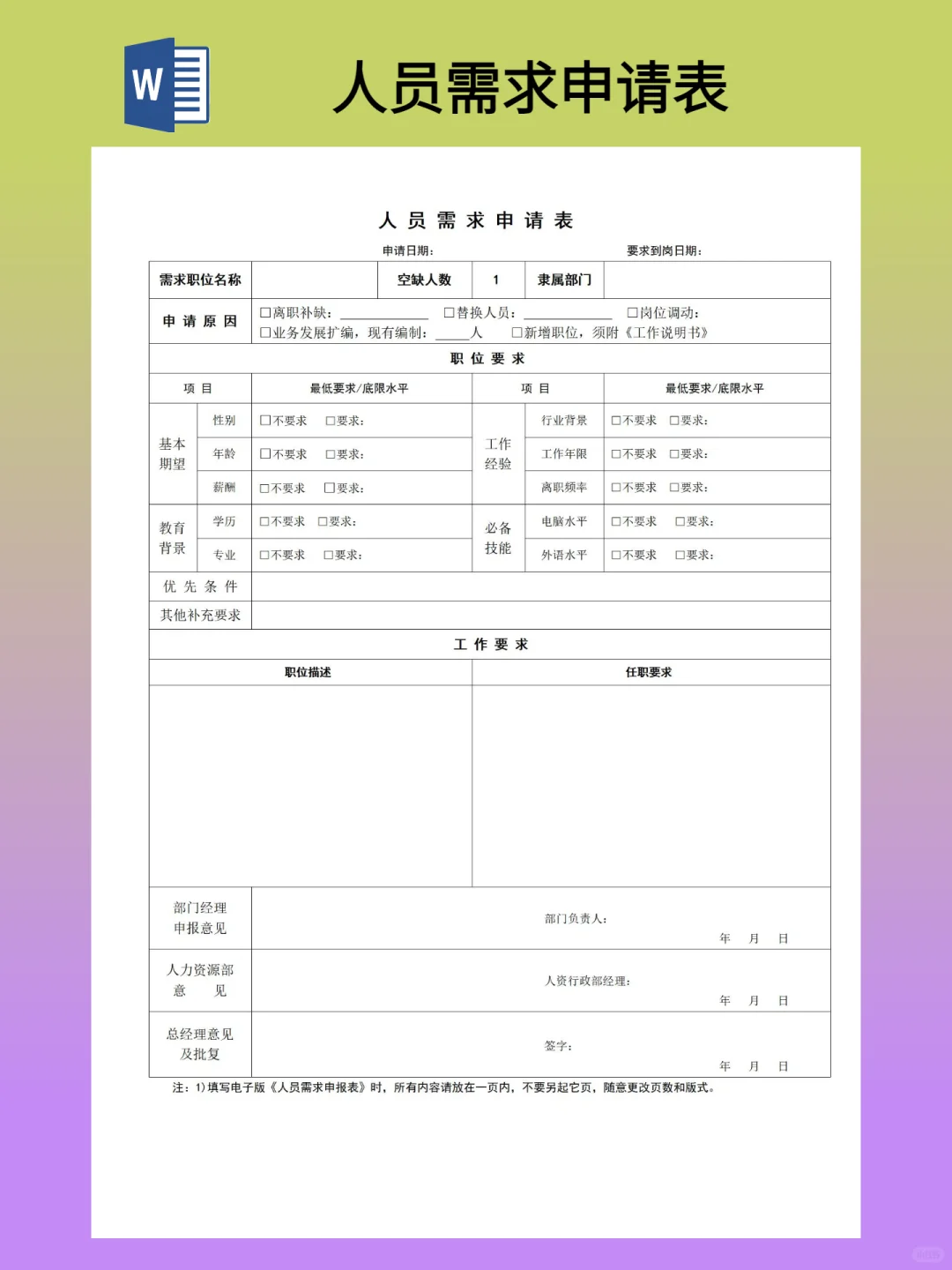 人员招聘需求申请表模板（word文档）