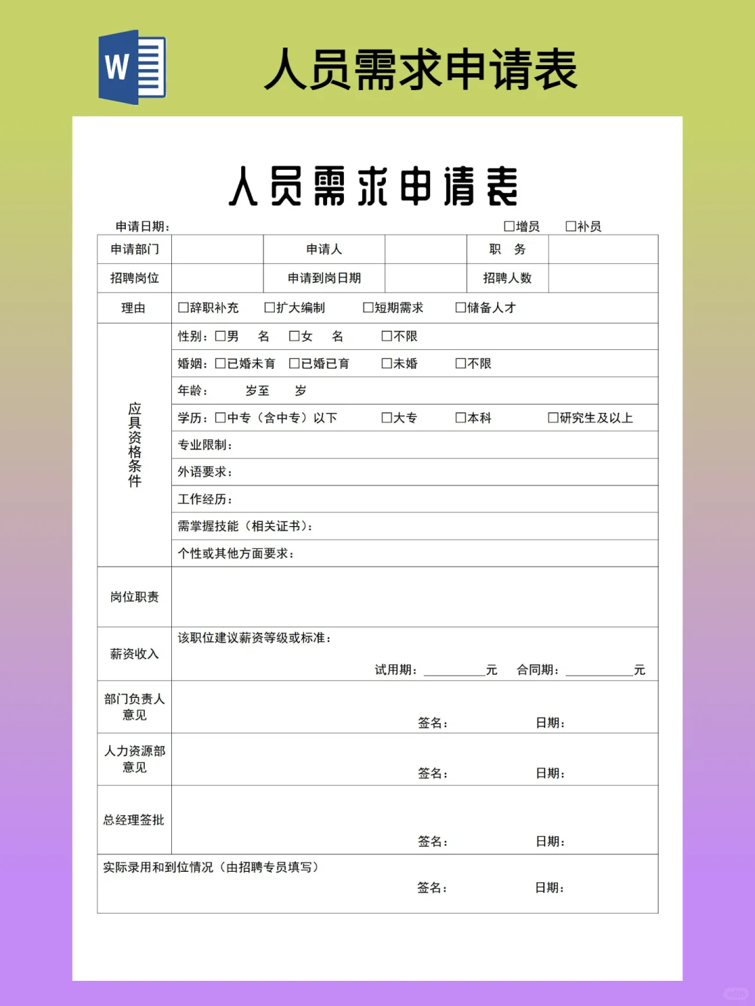 人员招聘需求申请表模板（word文档）