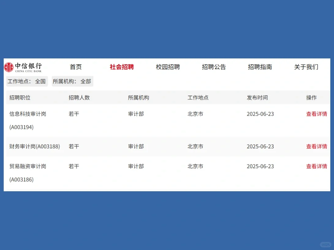 中信银行审计部招聘