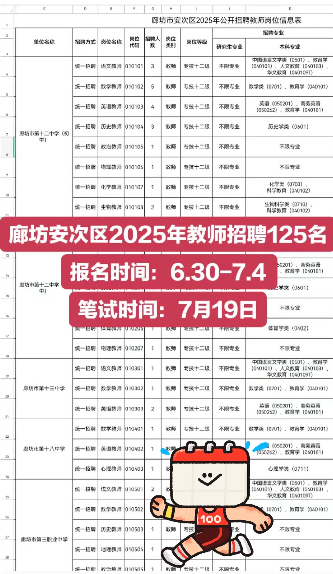 廊坊安次区2025教师招聘125名