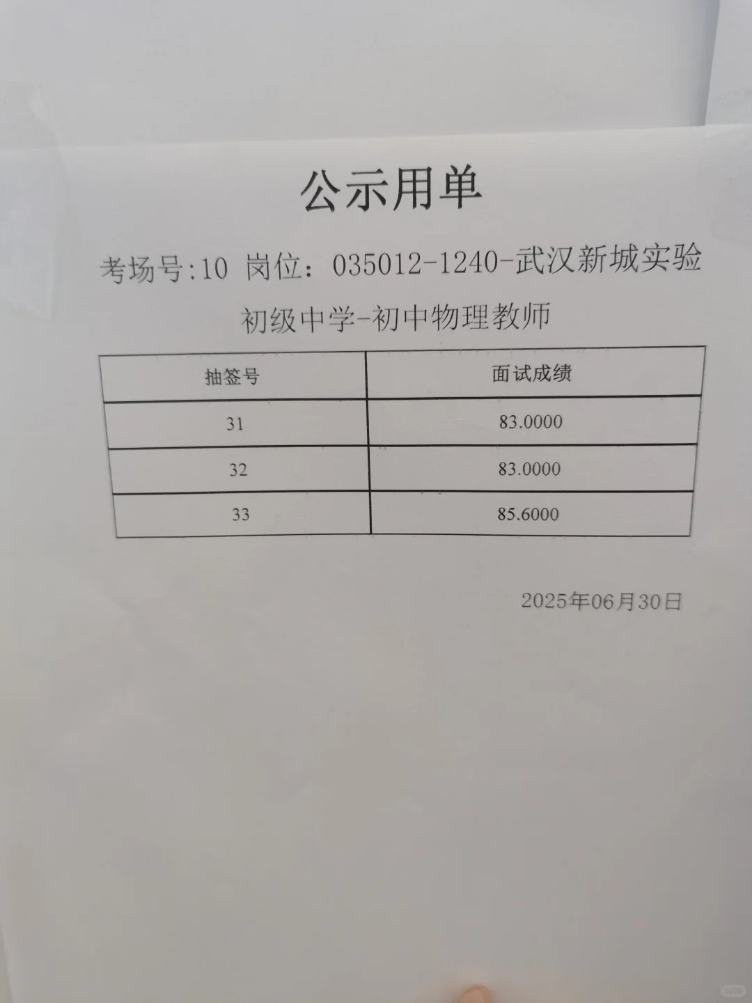 6.30日面试成绩武汉东湖高新教师招聘（三）