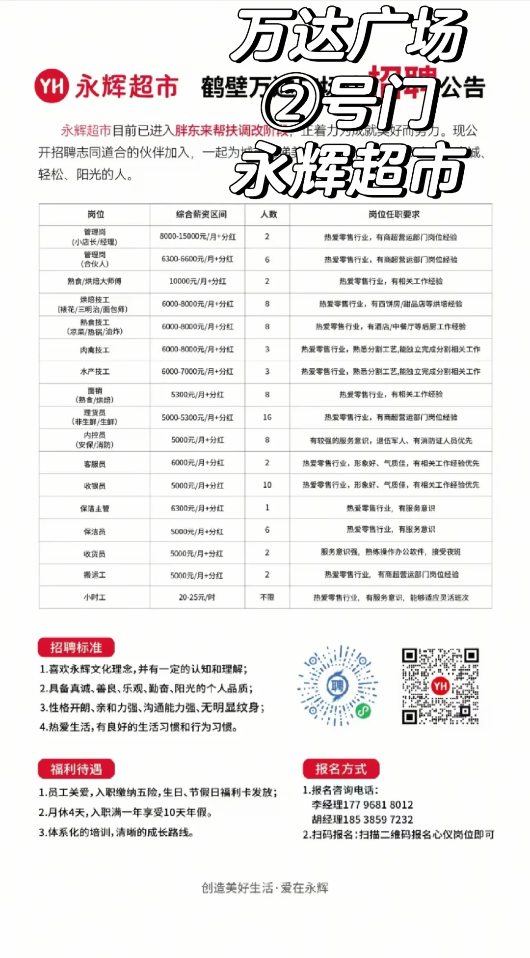 鹤壁万达广场永辉超市招聘啦