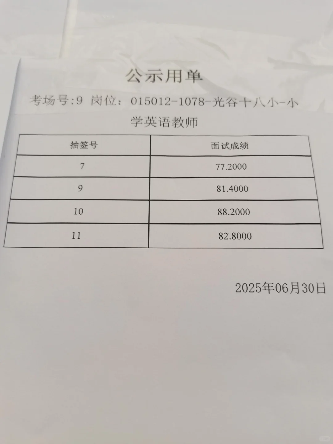 6.30日面试成绩武汉东湖高新教师招聘（三）
