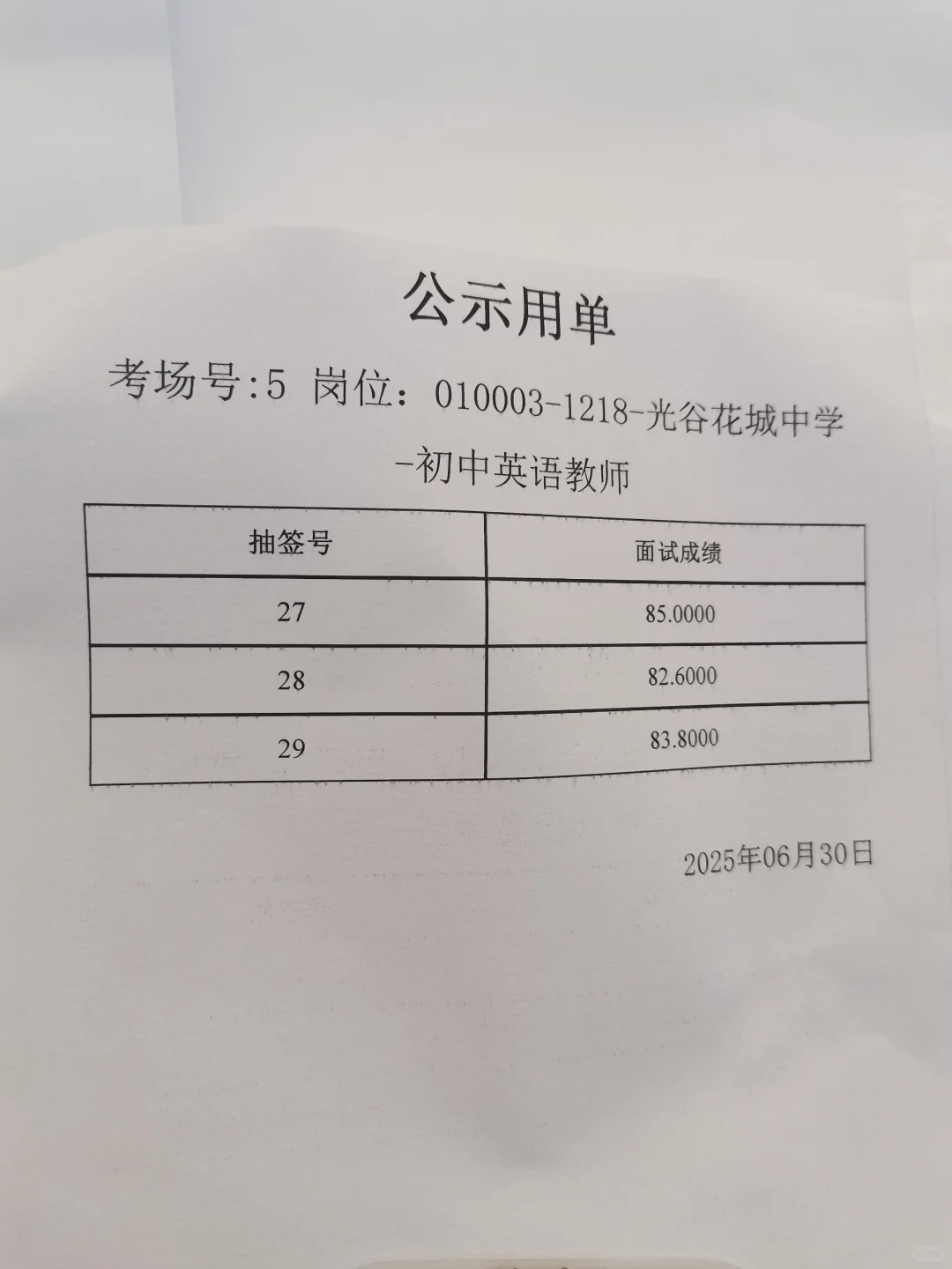 6.30日面试成绩武汉东湖高新教师招聘（三）