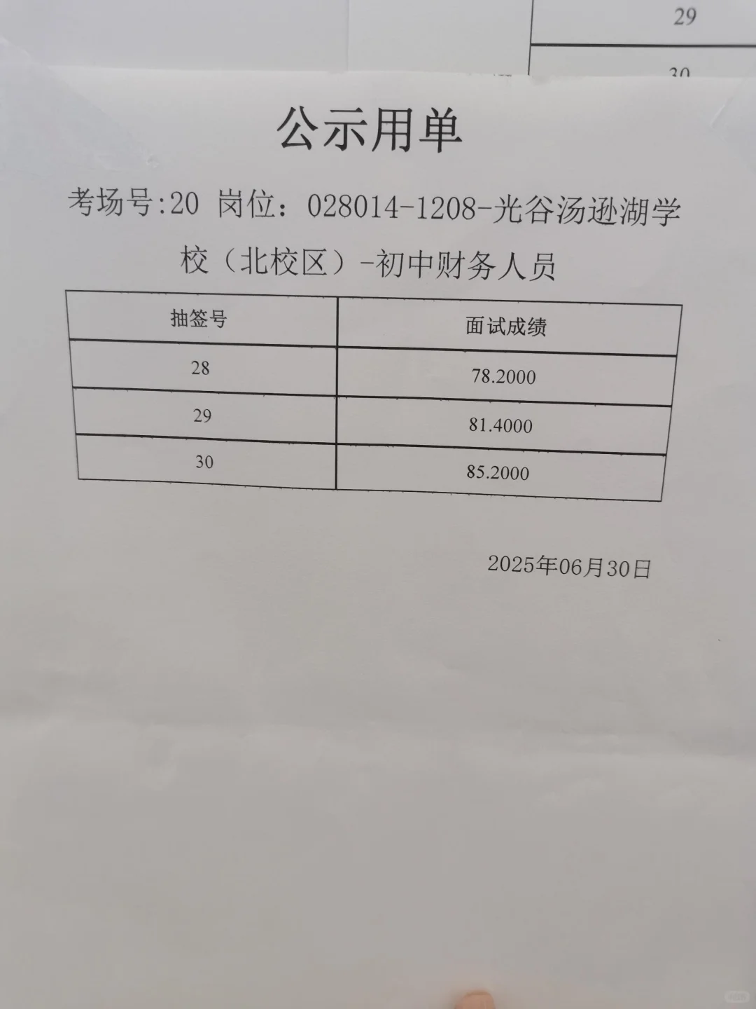 6.30日面试成绩武汉东湖高新教师招聘（三）