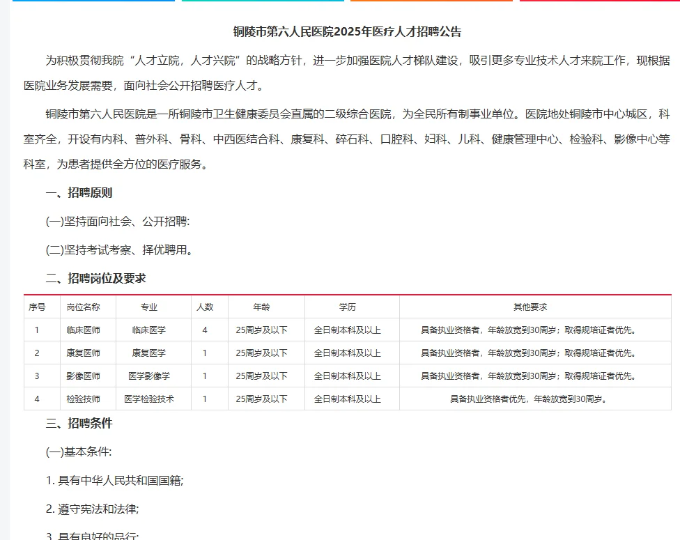 铜陵第六人民医院人才招聘