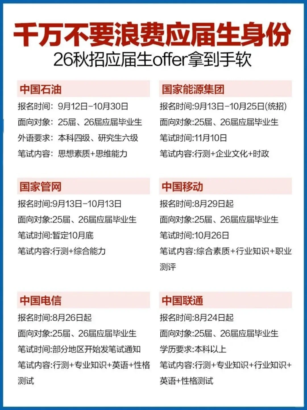 26届国央企秋招时间汇总表!