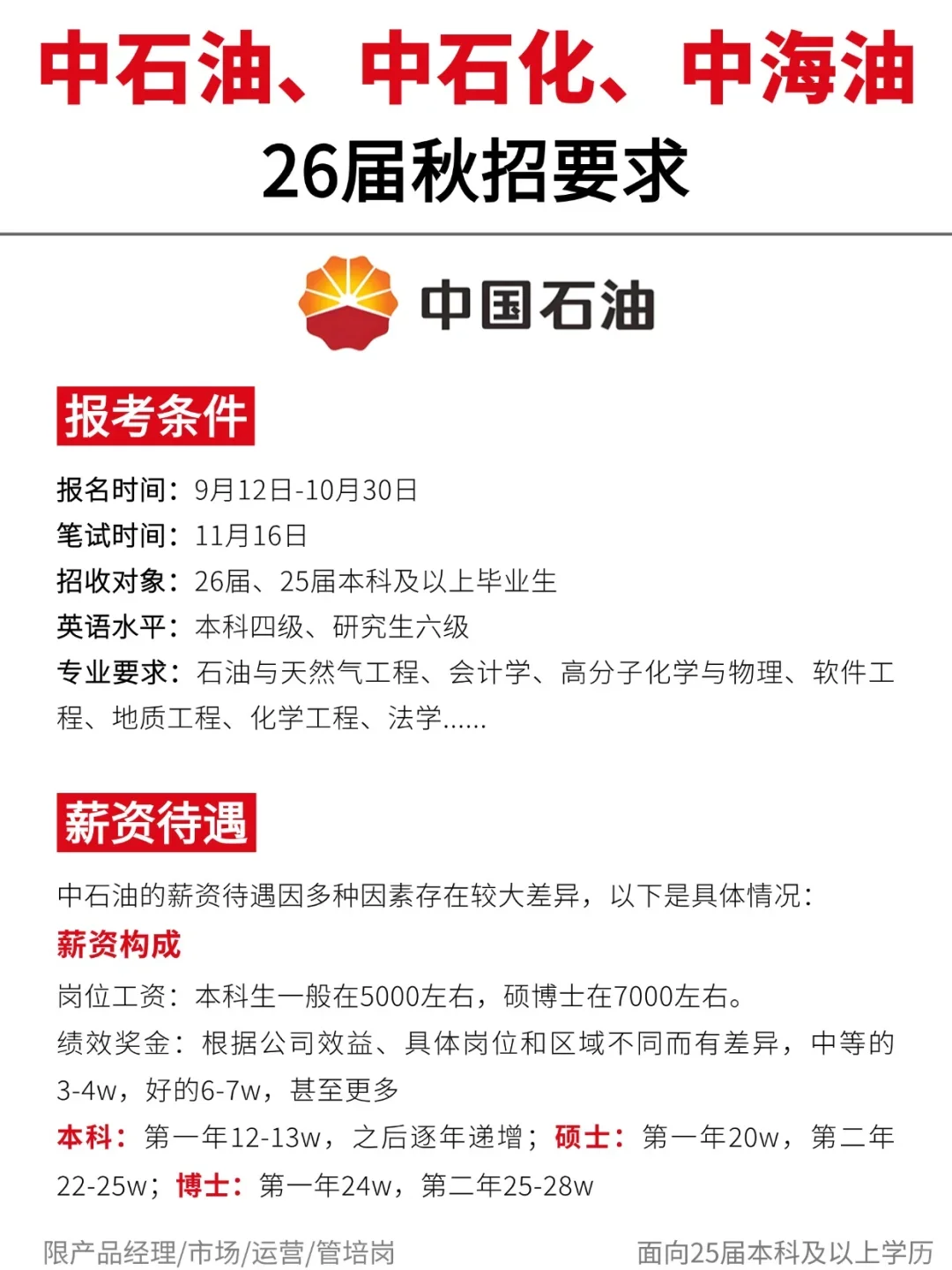 中石油、中石化、中海油26届秋招要求