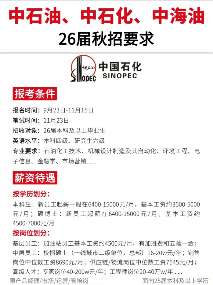 中石油、中石化、中海油26届秋招要求