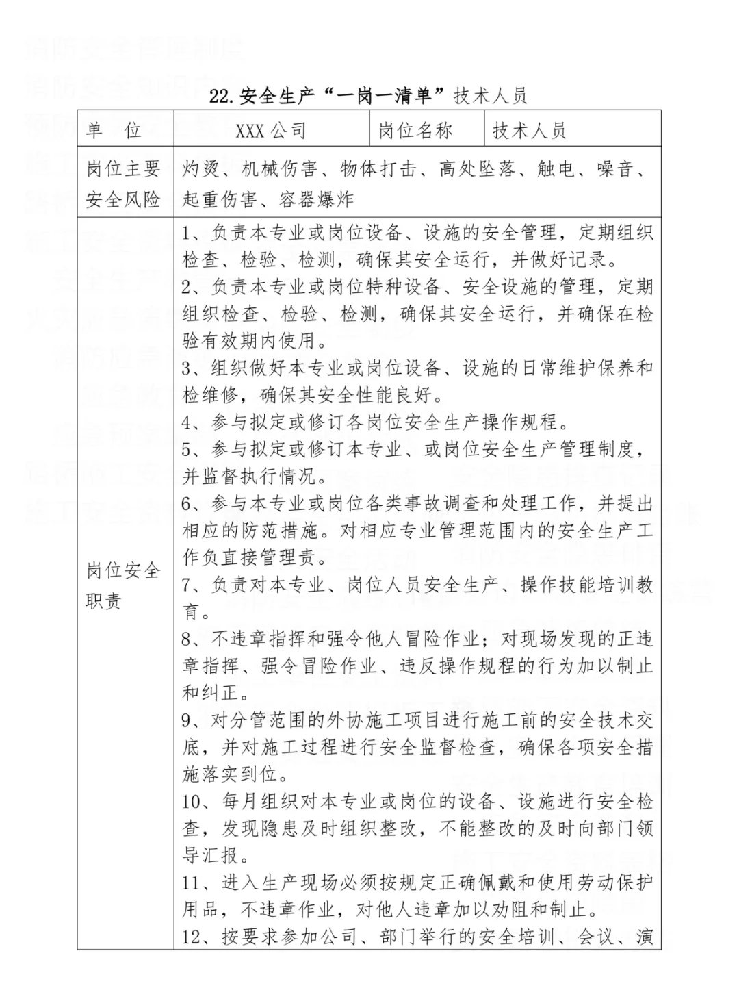 公司岗位安全生产一岗一清单汇编