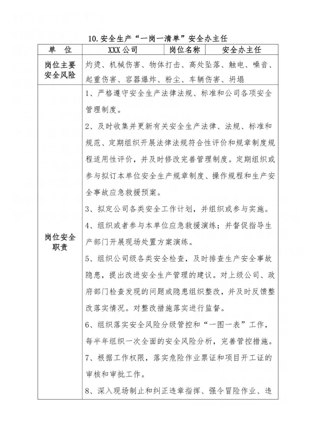 公司岗位安全生产一岗一清单汇编