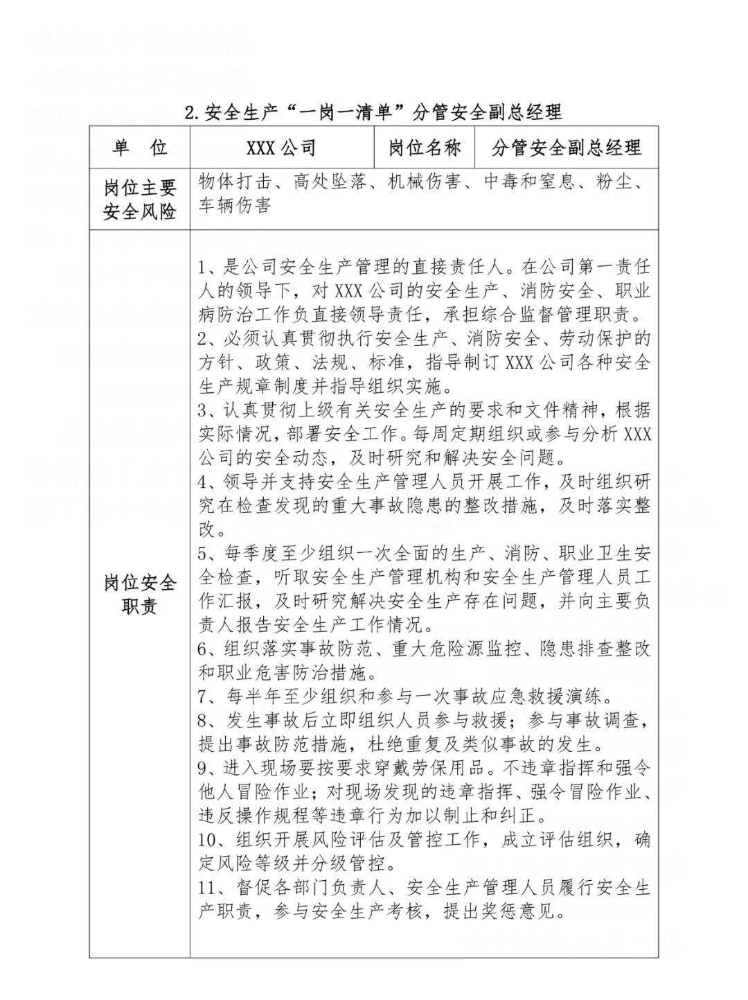 公司岗位安全生产一岗一清单汇编