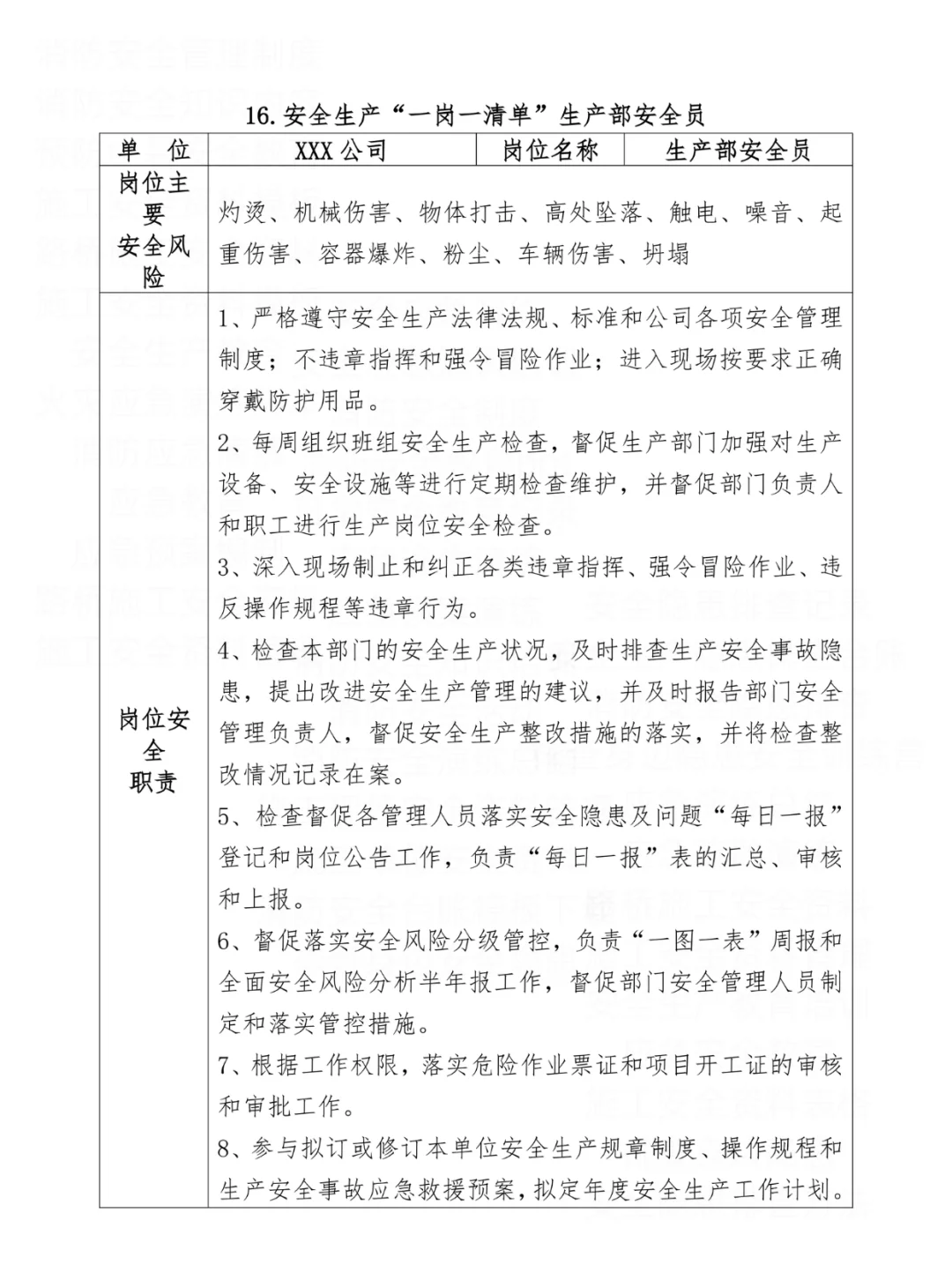 公司岗位安全生产一岗一清单汇编