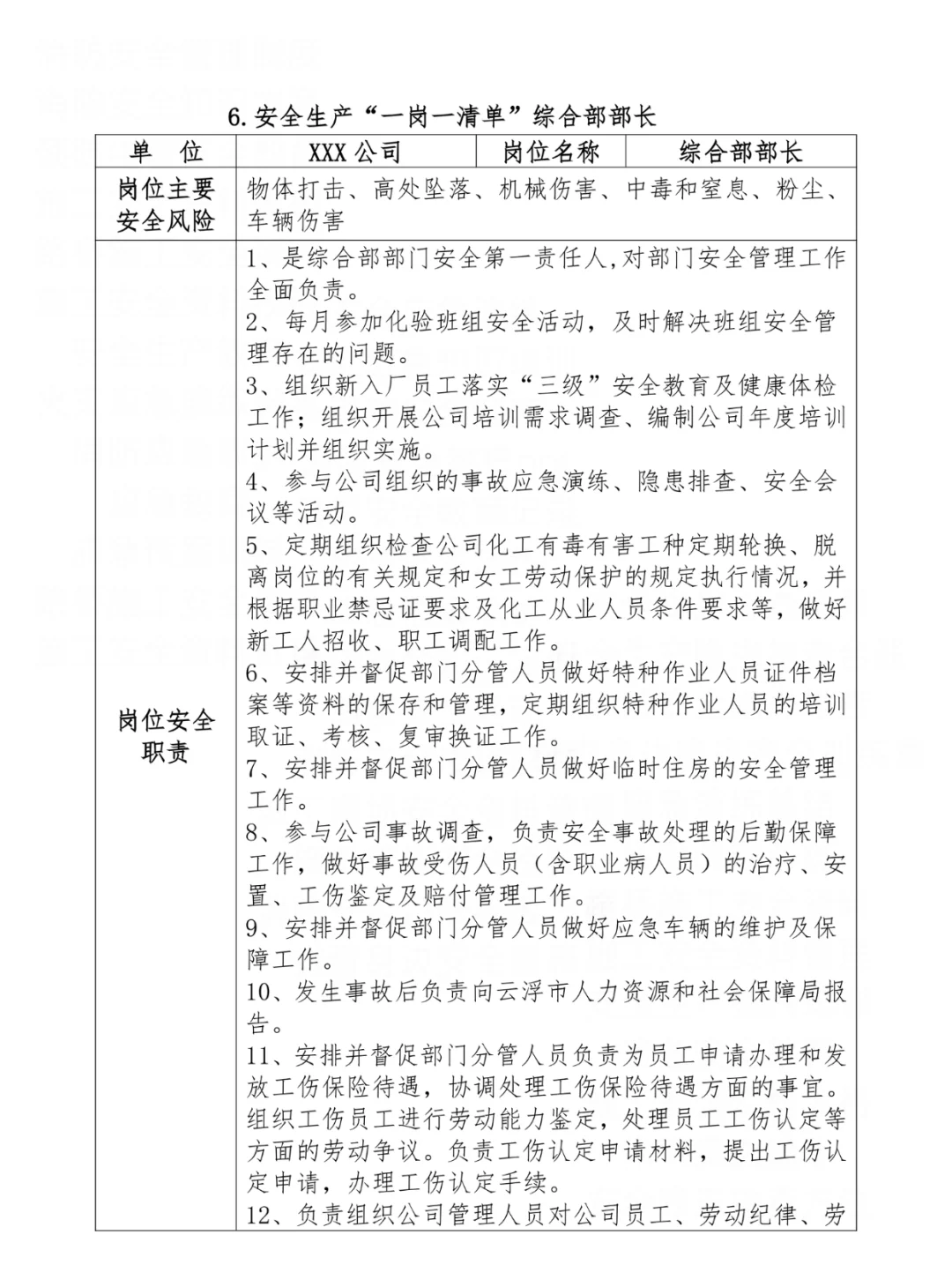 公司岗位安全生产一岗一清单汇编
