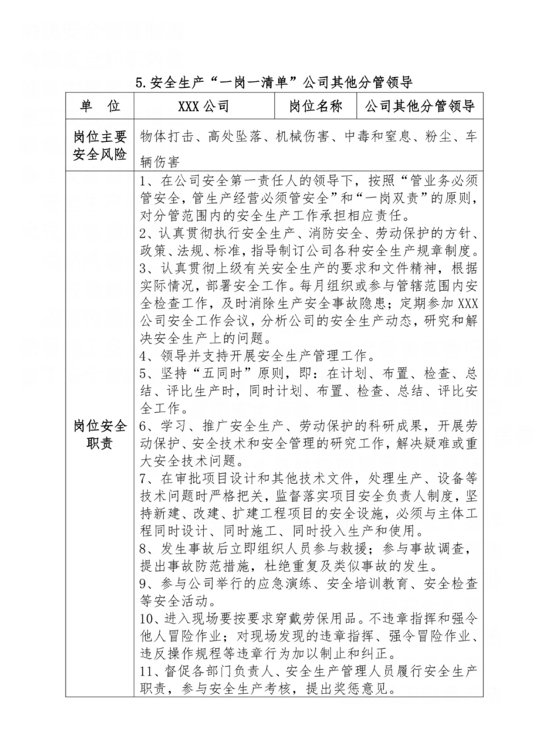公司岗位安全生产一岗一清单汇编