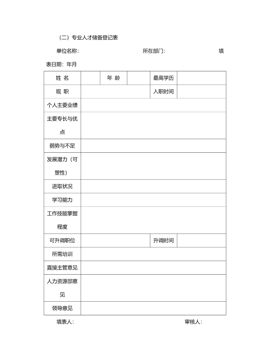 公司人才储备登记表