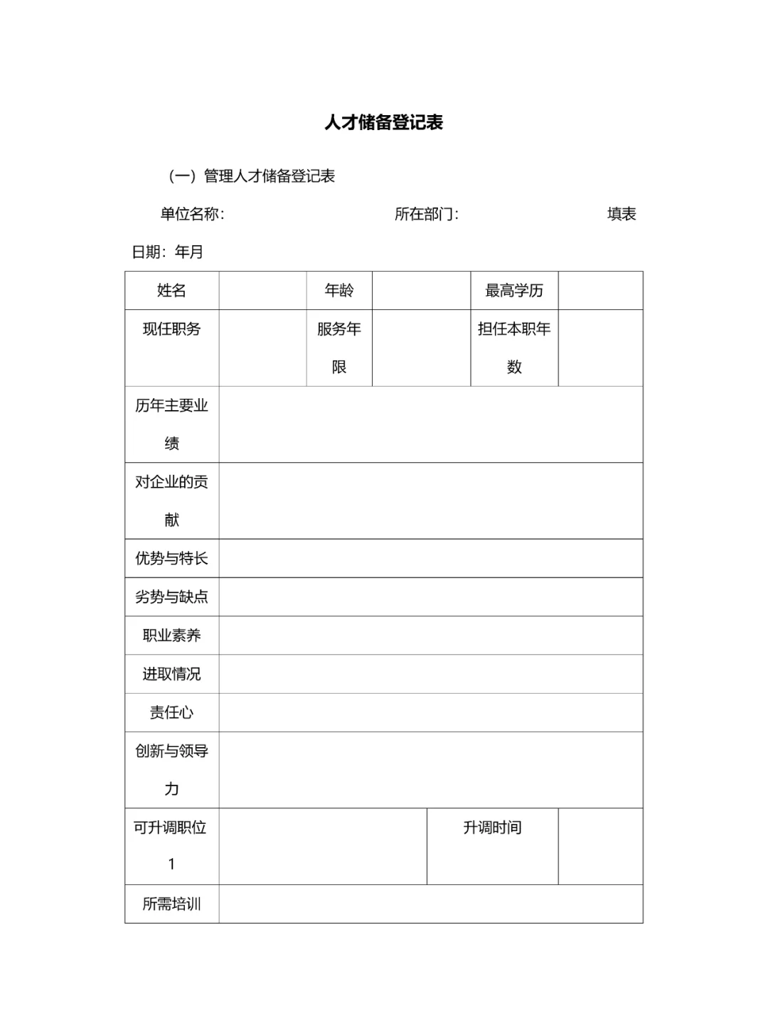 公司人才储备登记表