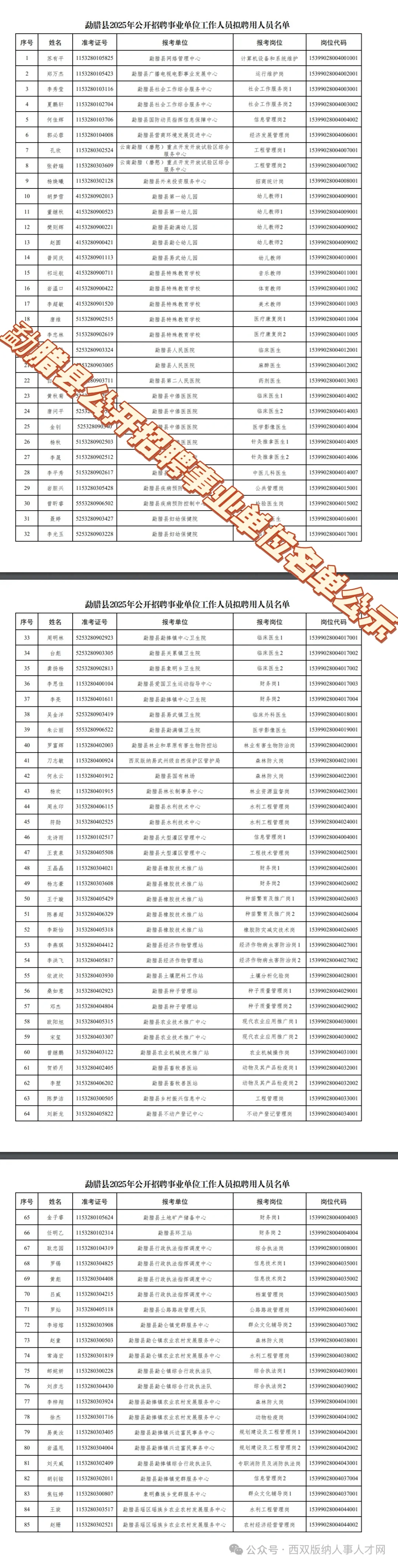 勐腊县2025年公开招聘事业单位工作人员拟聘