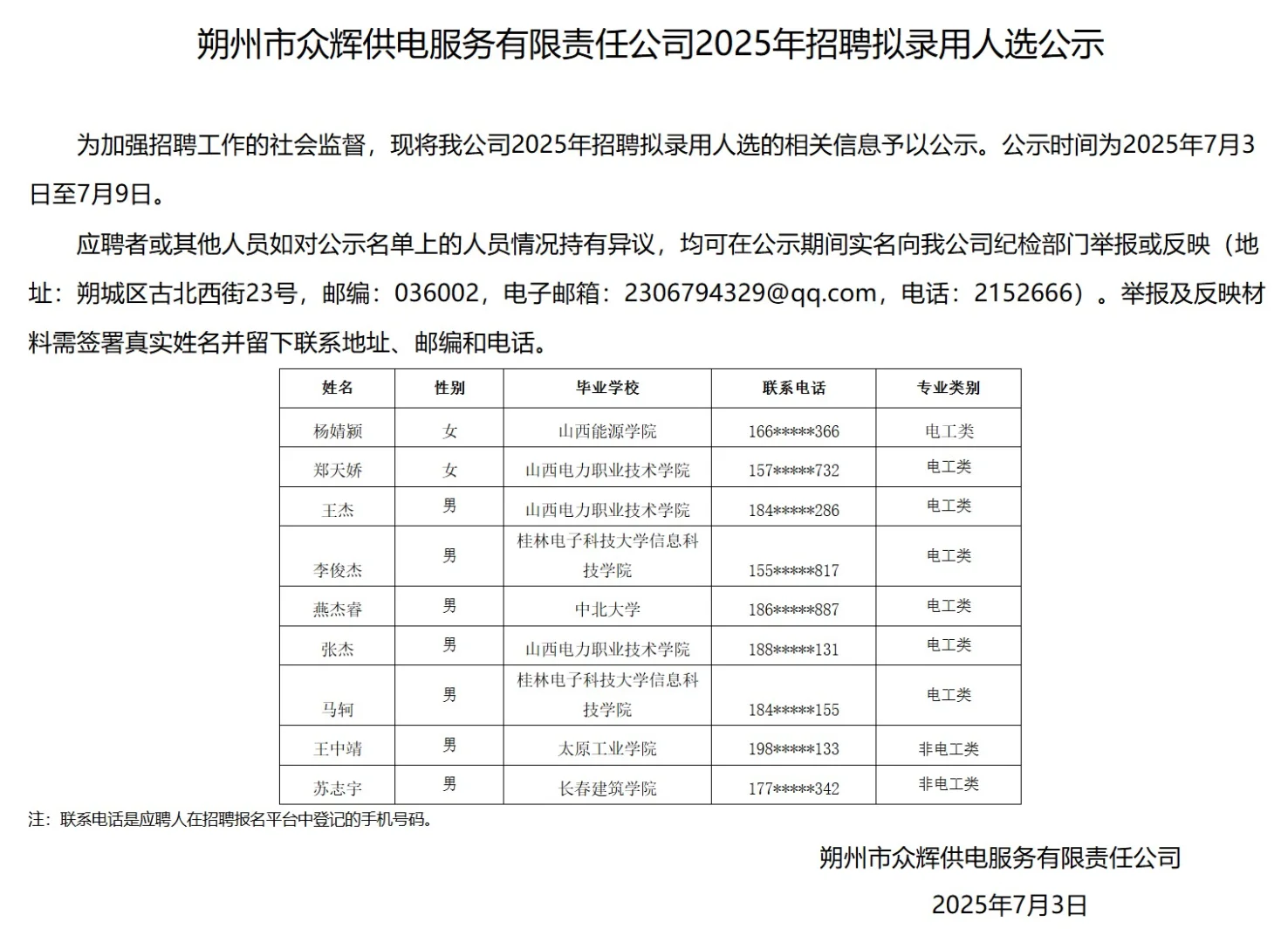 山西各地众辉供电公司拟聘公示