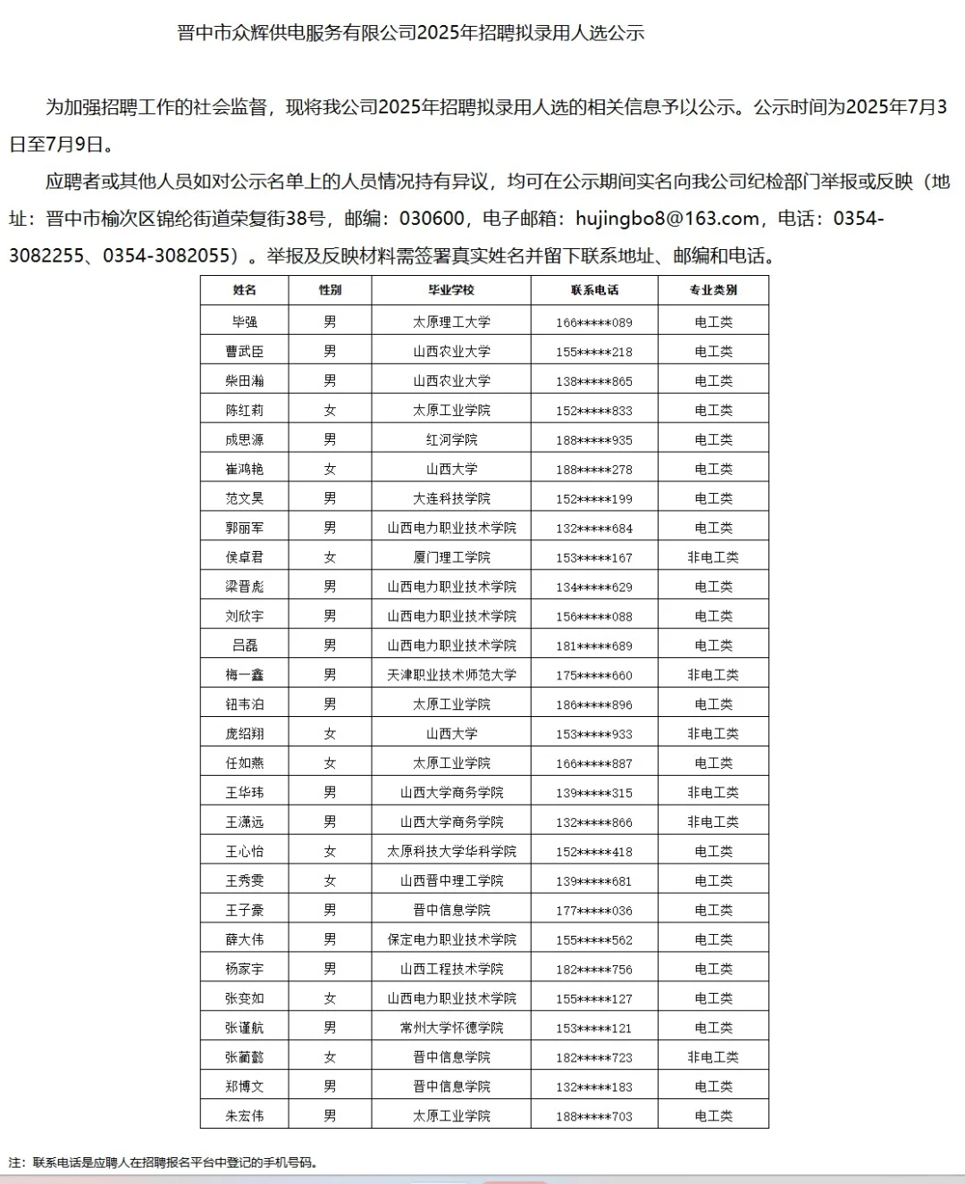山西各地众辉供电公司拟聘公示