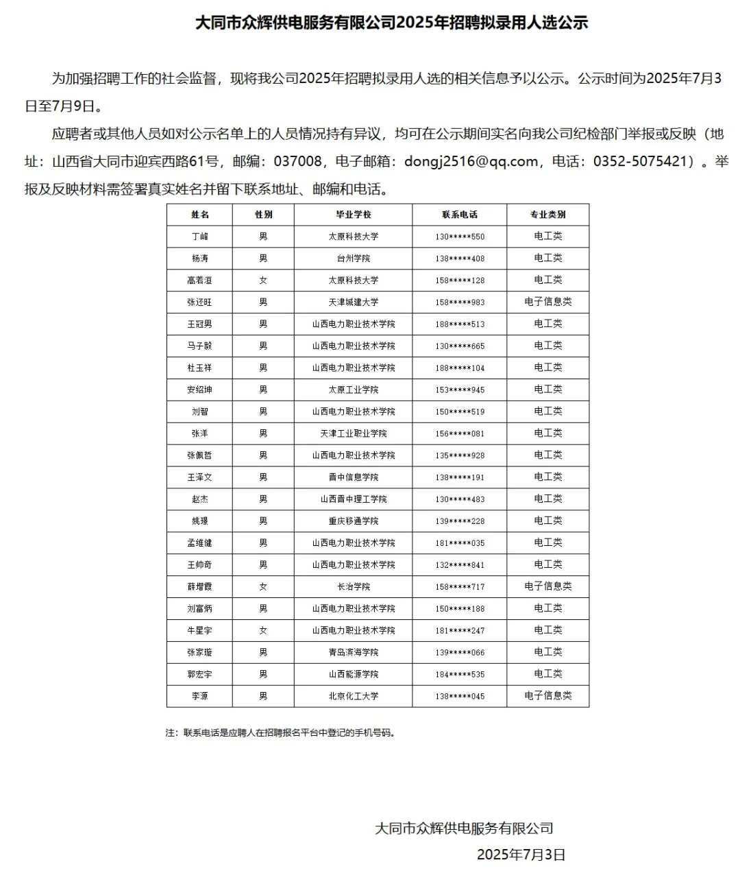 山西各地众辉供电公司拟聘公示