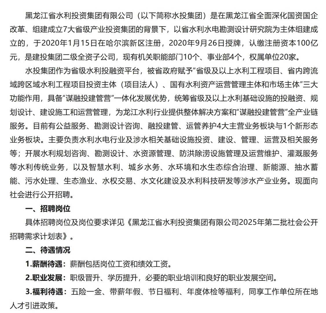 2025年水投集团黑龙江招20人