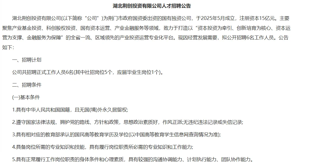 2025年湖北荆创投资有限公司人才招聘