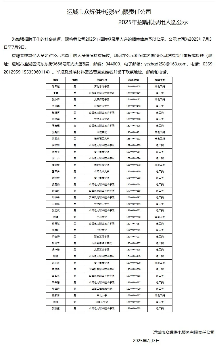 山西各地众辉供电公司拟聘公示