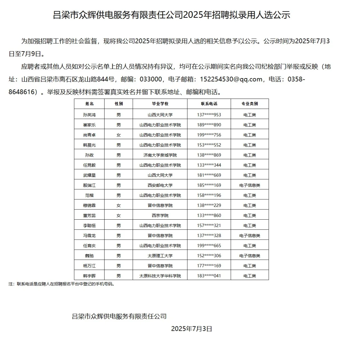 山西各地众辉供电公司拟聘公示