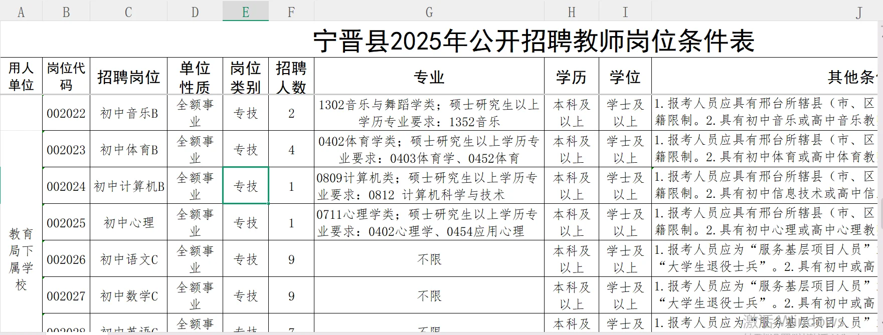 宁晋教师岗位表