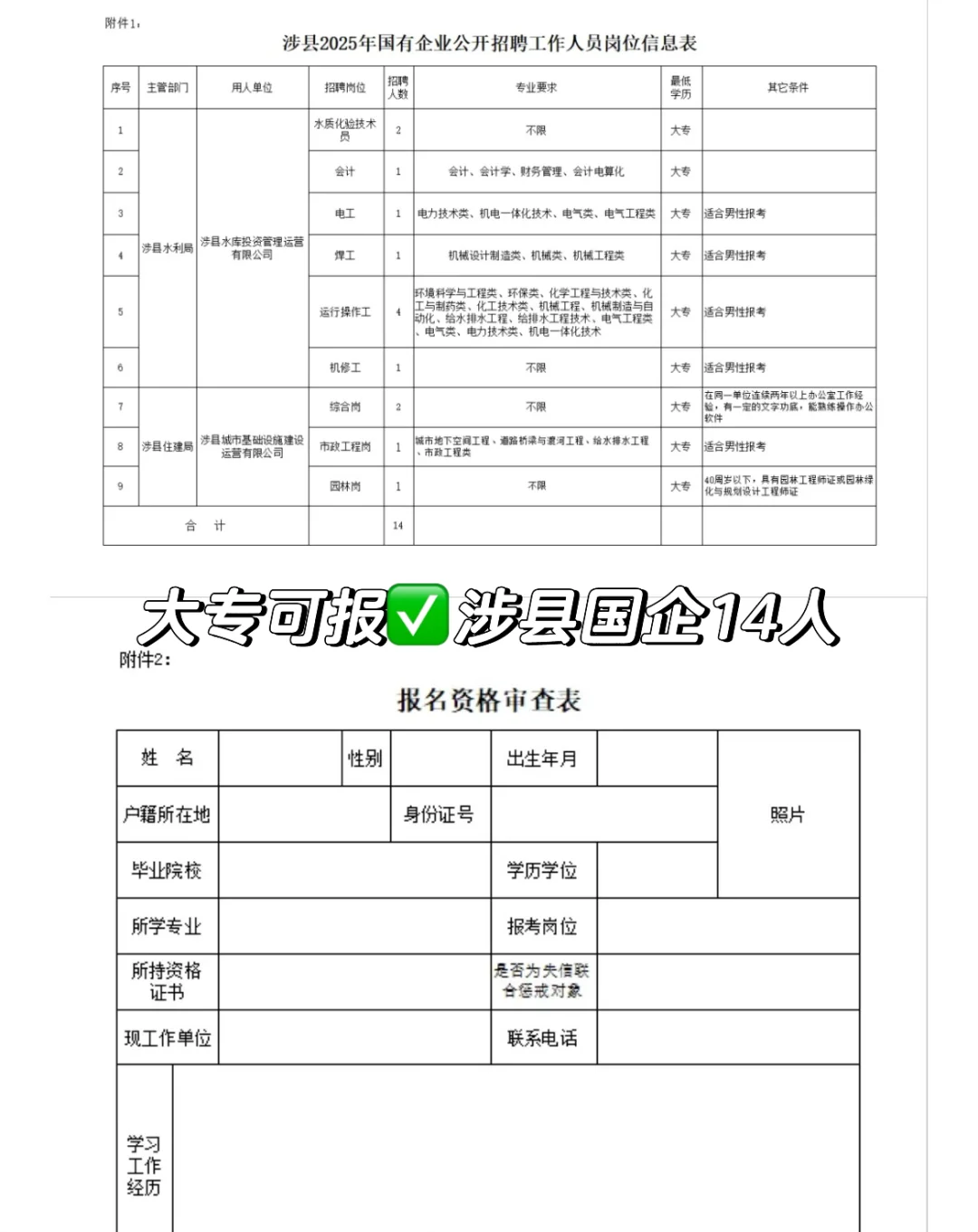 大专可报✅涉县国企14人❗