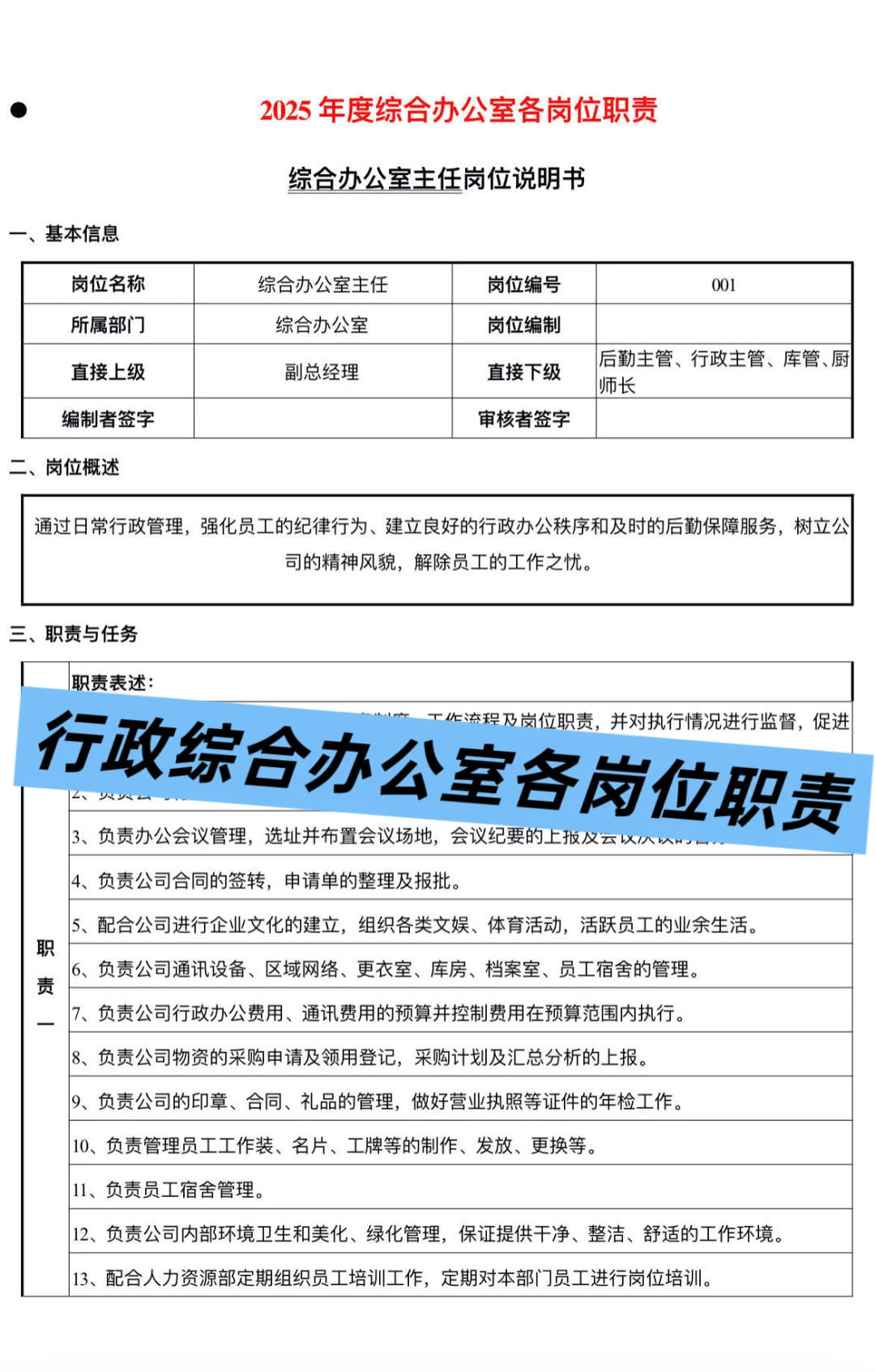 行政综合办公室各岗位职责（岗位完整系列）